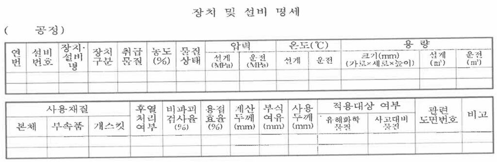 장치 및 설비 명세