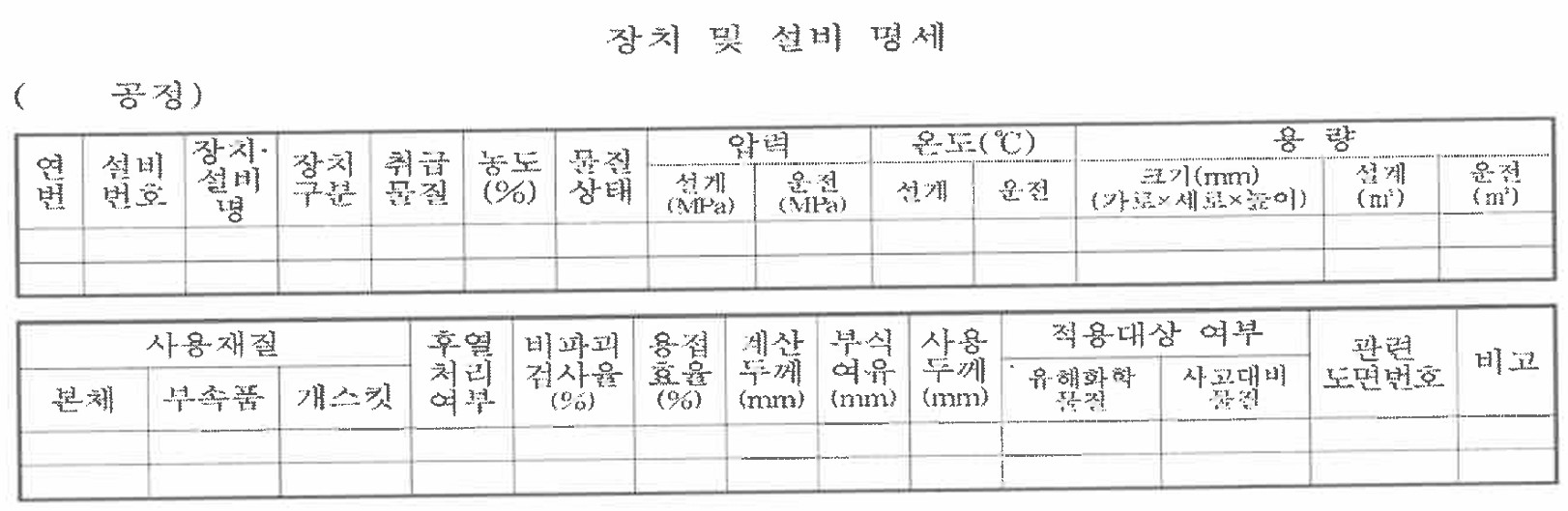 장치 및 설비 명세